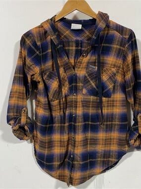 Columbia Orange & Navy Plaid Hooded Button-Up Shirt